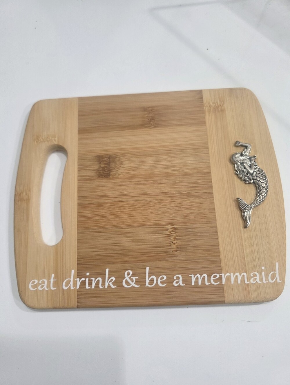 Mermaid Bamboo Serving/Charcuterie Cutting Board with Silver Mermaid Accent
